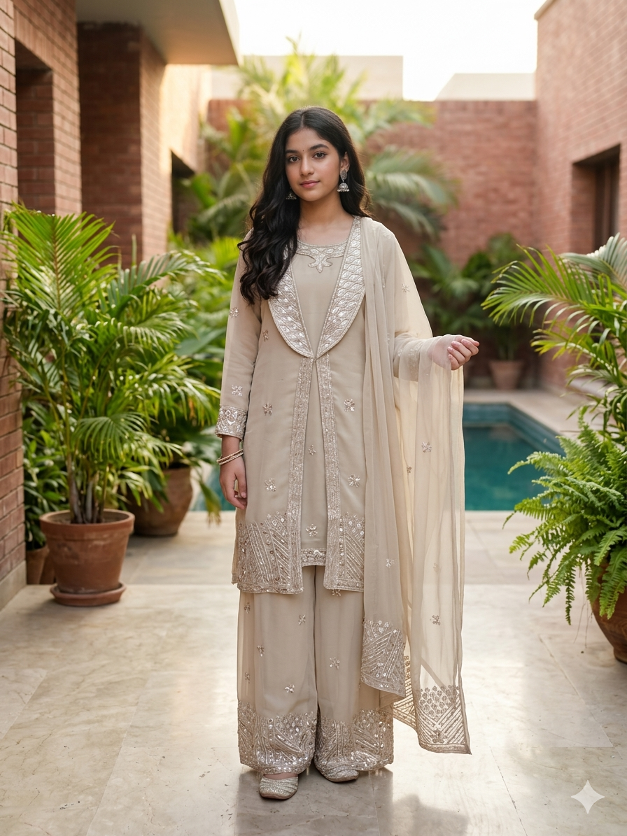 Elegant Embroidered Jacket & Palazzo Set for Girls Set 1
