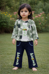 Inaabia Pretty Toddler Girls 2-Piece Outfit Set – Printed Jacket, Top & Pants | Stylish Kids Casual Wear 2