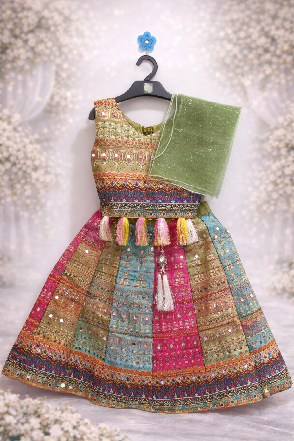 Girls Designer Lehenga / Langa Set with Dupatta – Festive Wear (Olive Green)