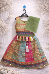 Girls Designer Lehenga / Langa Set with Dupatta – Festive Wear (Olive Green)