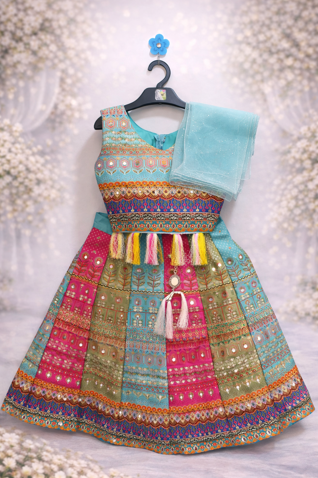 Girls Designer Lehenga / Langa Set with Dupatta – Festive Wear (Aqua Blue)