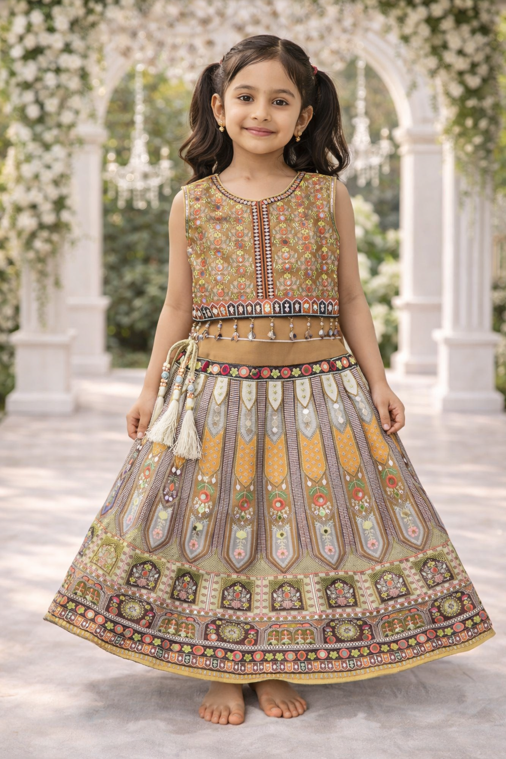 Girls Printed Lehenga Set with Mirror-Work Blouse & Shimmer Dupatta