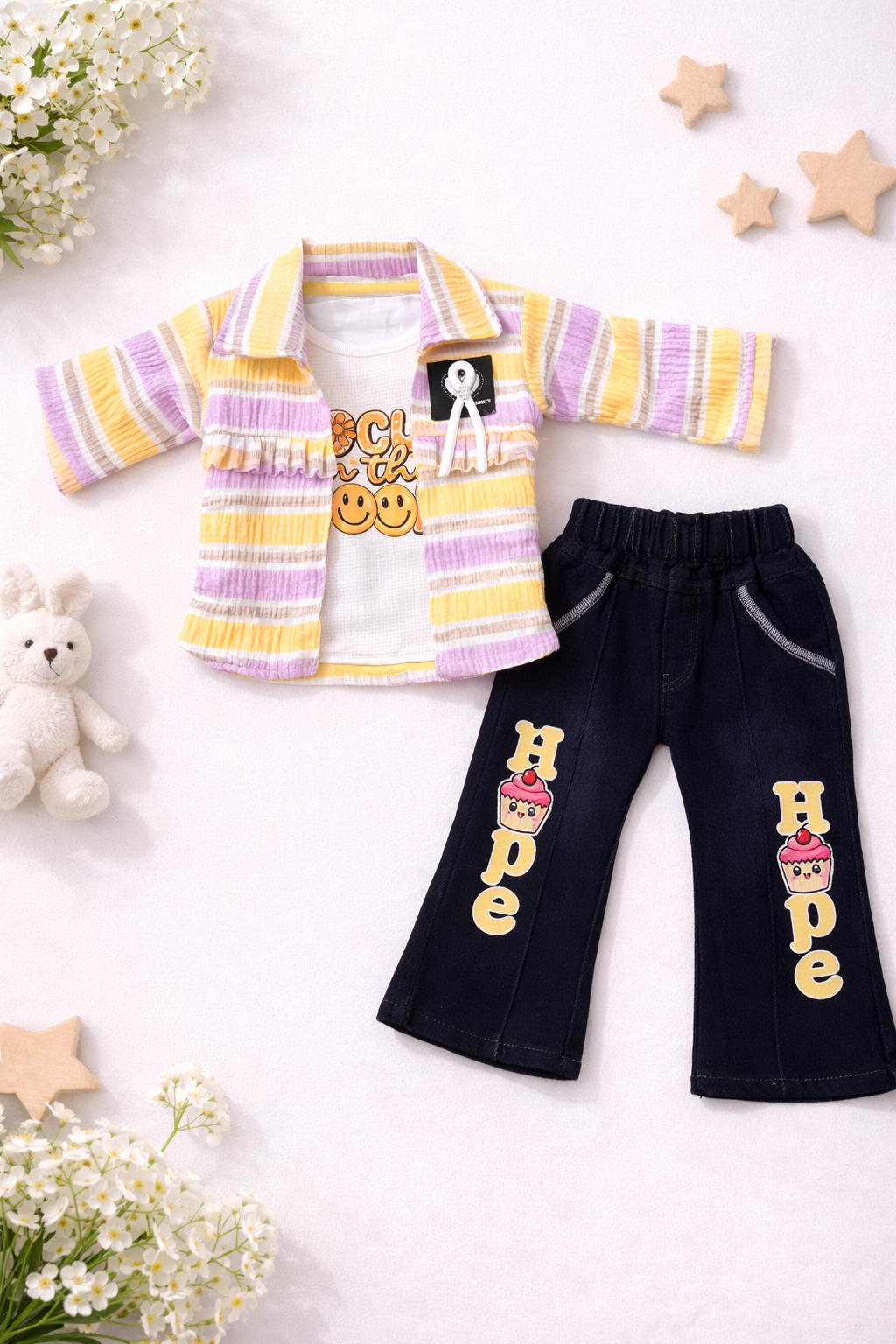 Pastel Stripe Jacket & Flared Denim Set