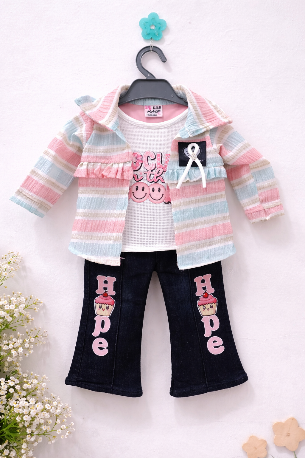 Pastel Stripe Jacket & Flared Denim Set