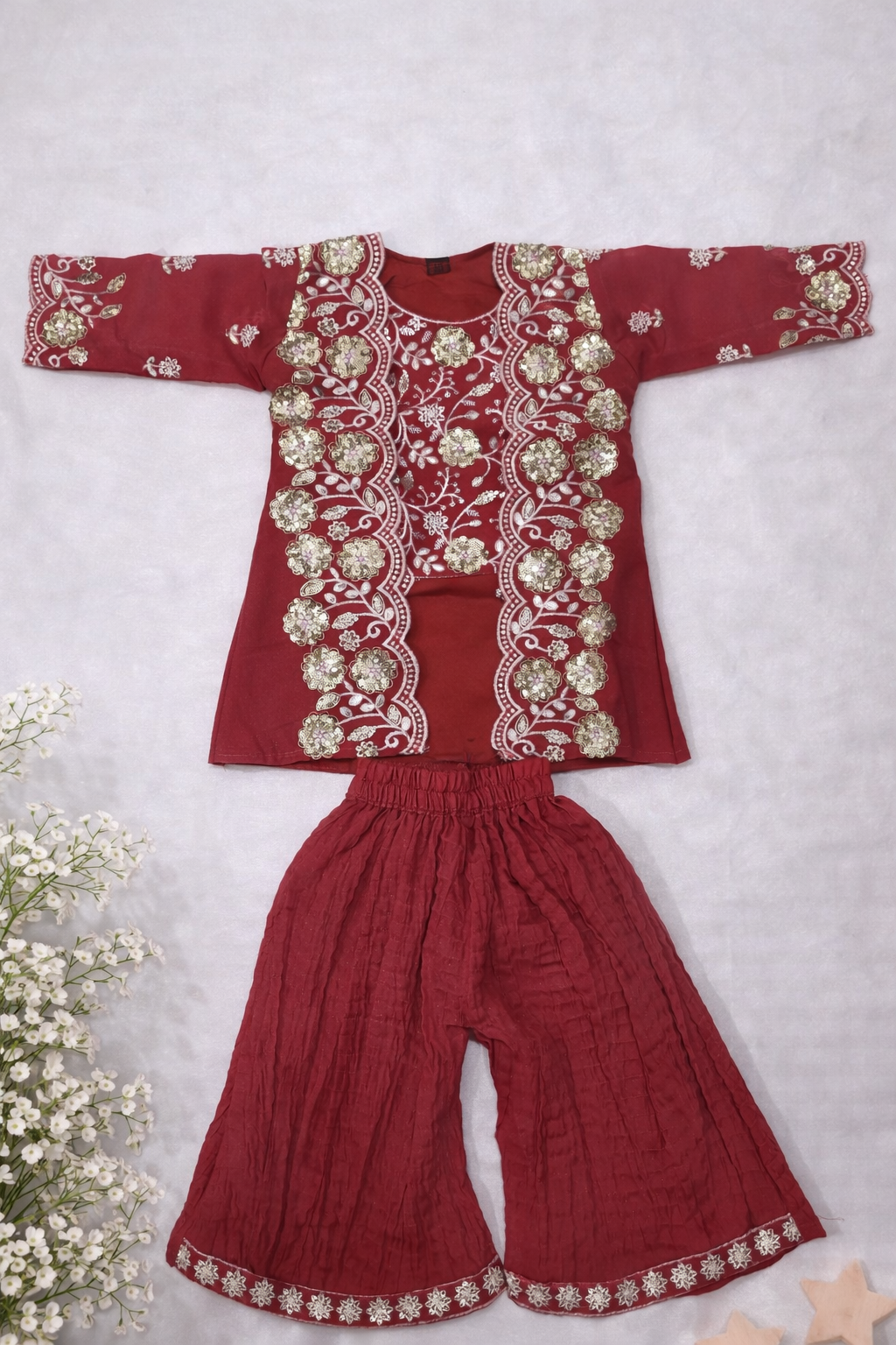 Girls Embroidered Ethnic 3-Piece Set – Burgundy