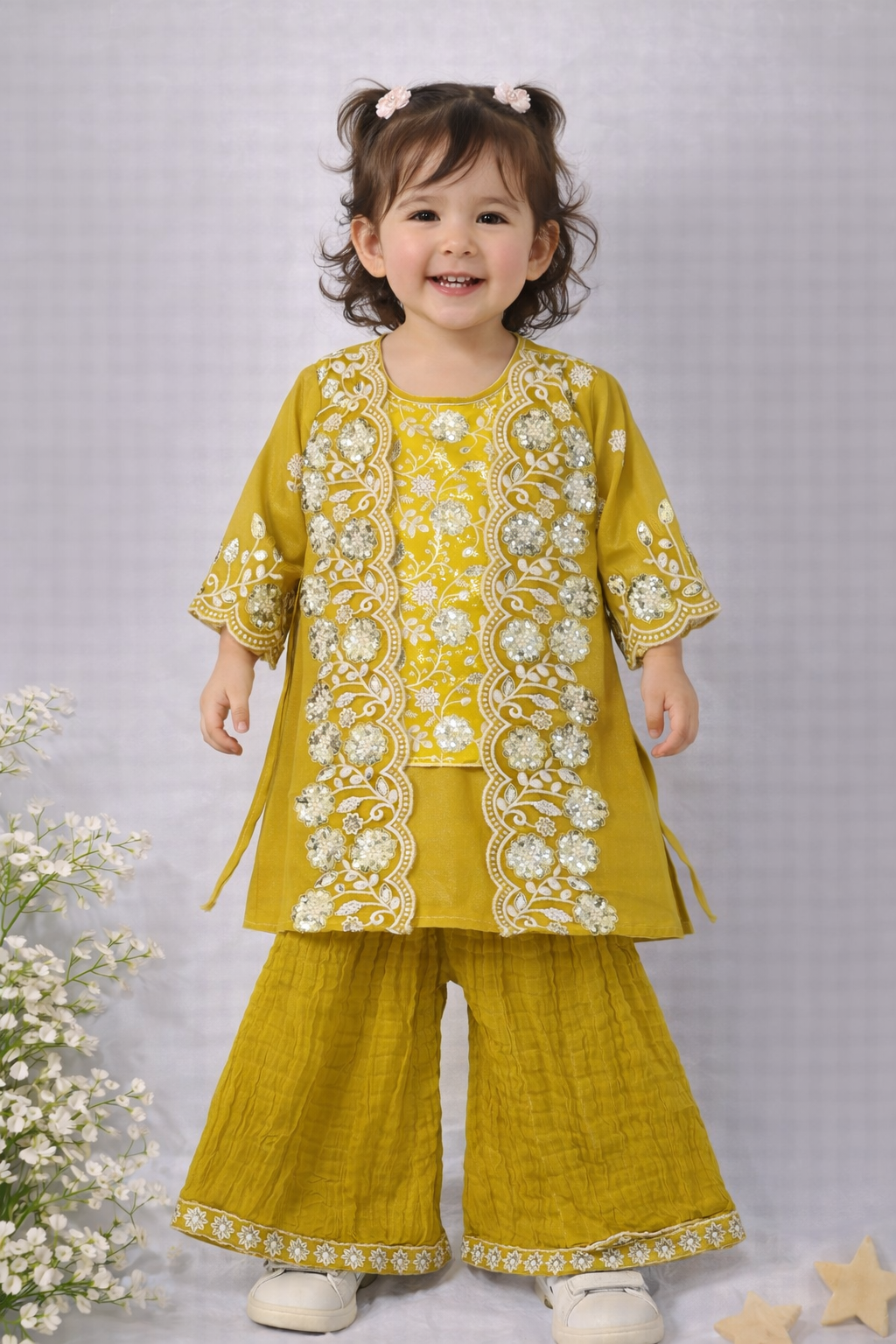 Girls Embroidered Ethnic 3-Piece Set – Mustard Yellow