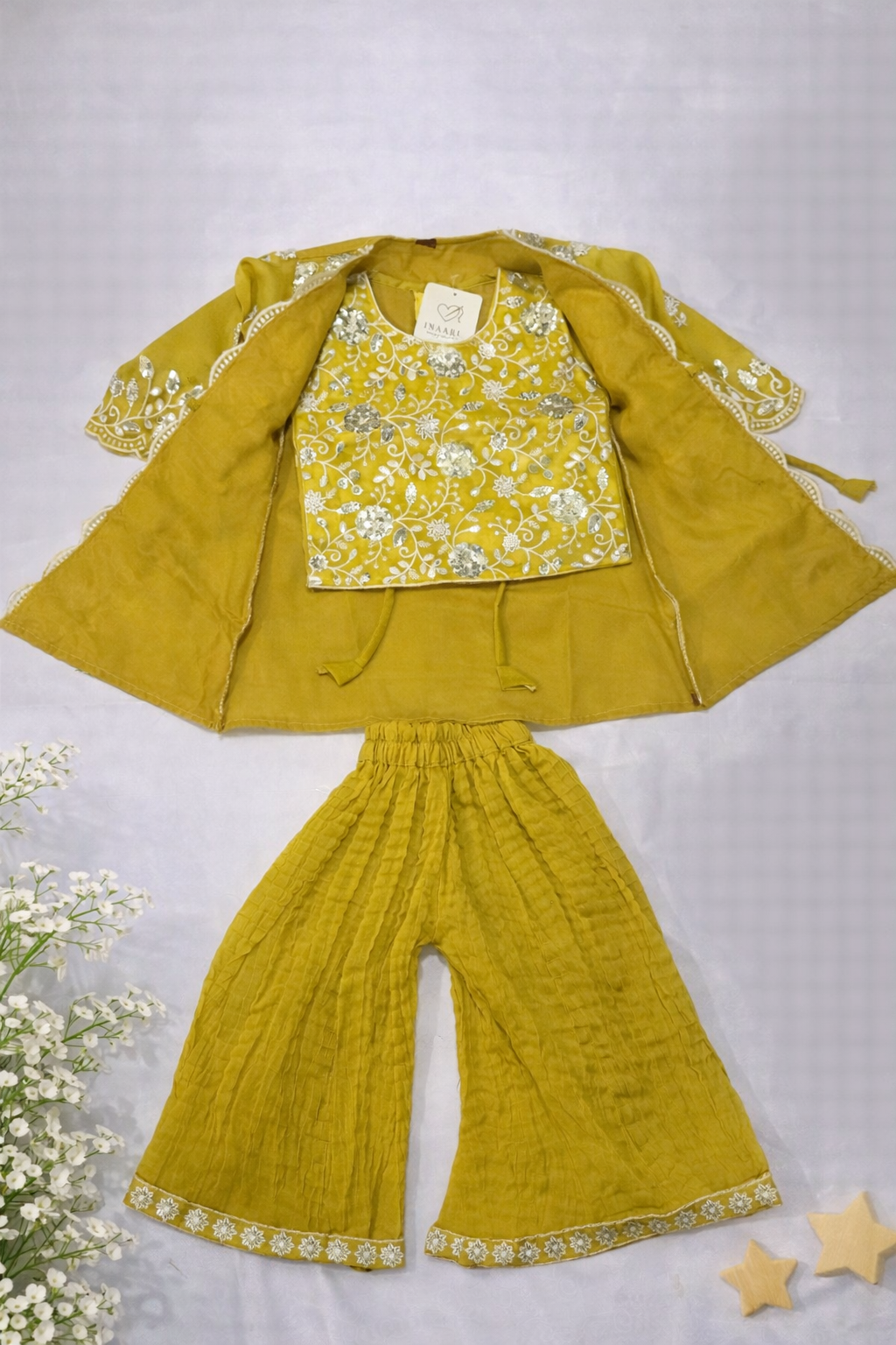 Girls Embroidered Ethnic 3-Piece Set – Mustard Yellow