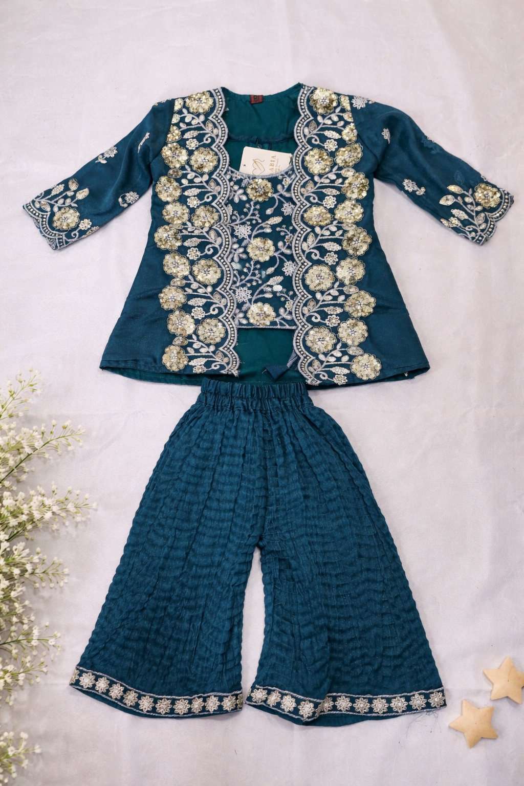 Girls Embroidered Ethnic 3-Piece Set – Teal Blue
