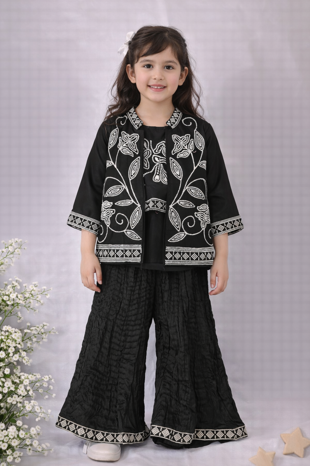 Girls Embroidered Ethnic 3-Piece Set – Deep Bottle Green
