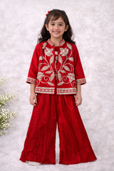 Girls Traditional Embroidered Jacket, Kurti & Palazzo Set – Red (3-Piece Ethnic Wear)