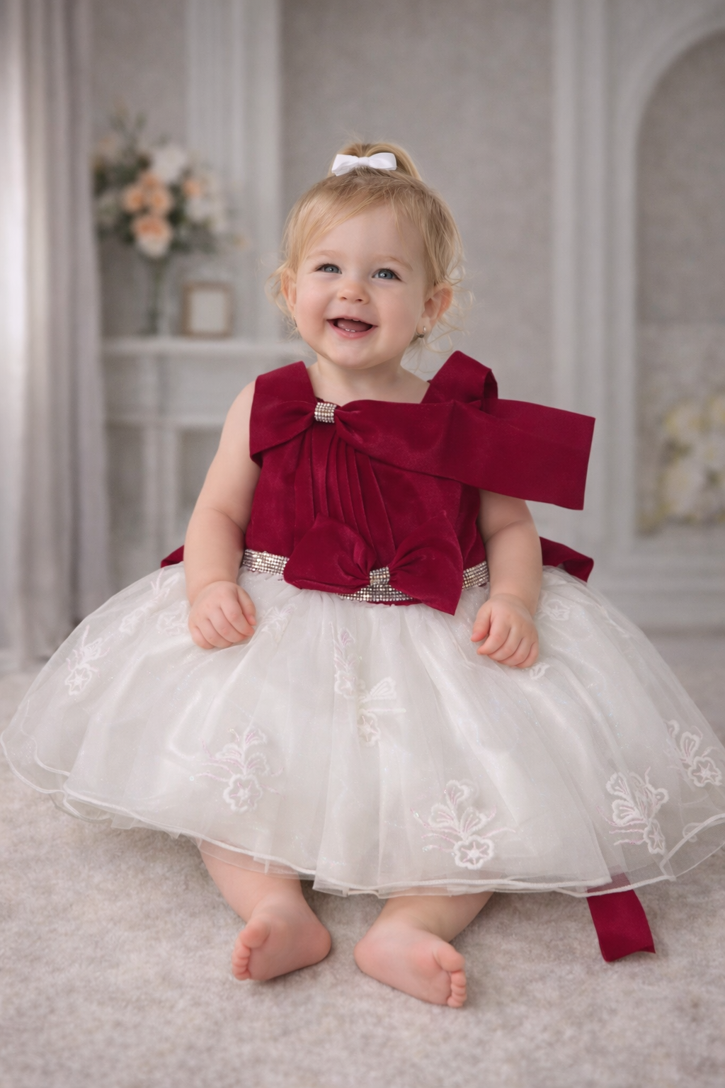 Baby Girl Party Wear Dress with Bow & Embroidered Tulle Skirt