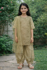 Regal Gold & Green Embroidered Festive Sharara Set for Girls