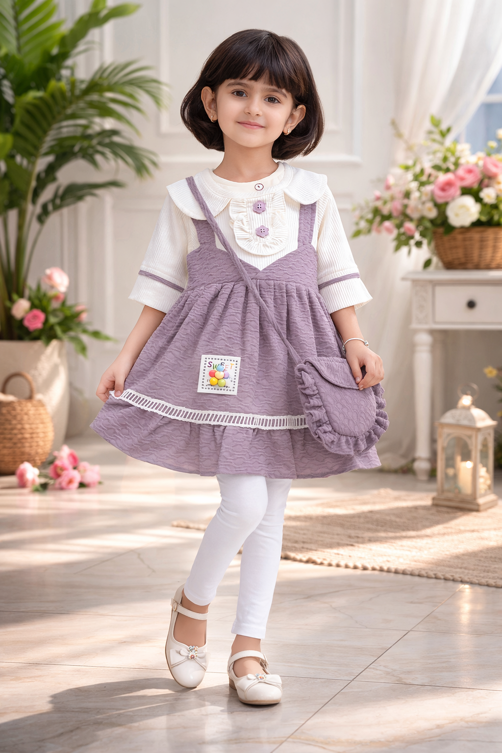 Sweet Mauve Pinafore Set with White Leggings