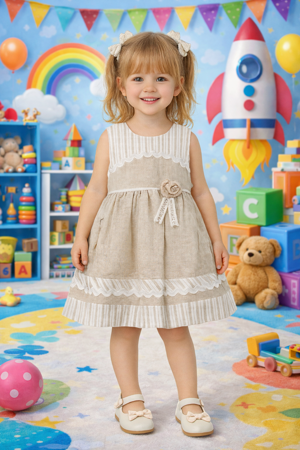 Beige Linen Party Dress for Baby Girls