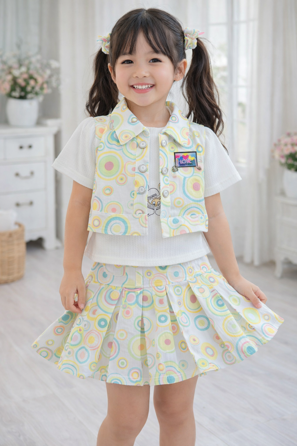 Pastel Circle Print Girls Top & Skirt Set