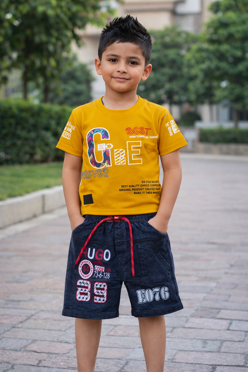 Boys Combo Outfit Set – Graphic Tee & Denim Shorts + Checked Co-Ord Set (2-in-1 Pack) - Set 2