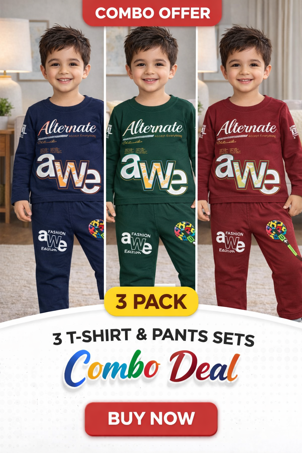 Boys 3-Pack T-Shirt & Pants Set | Red, Green & Navy | Combo Offer