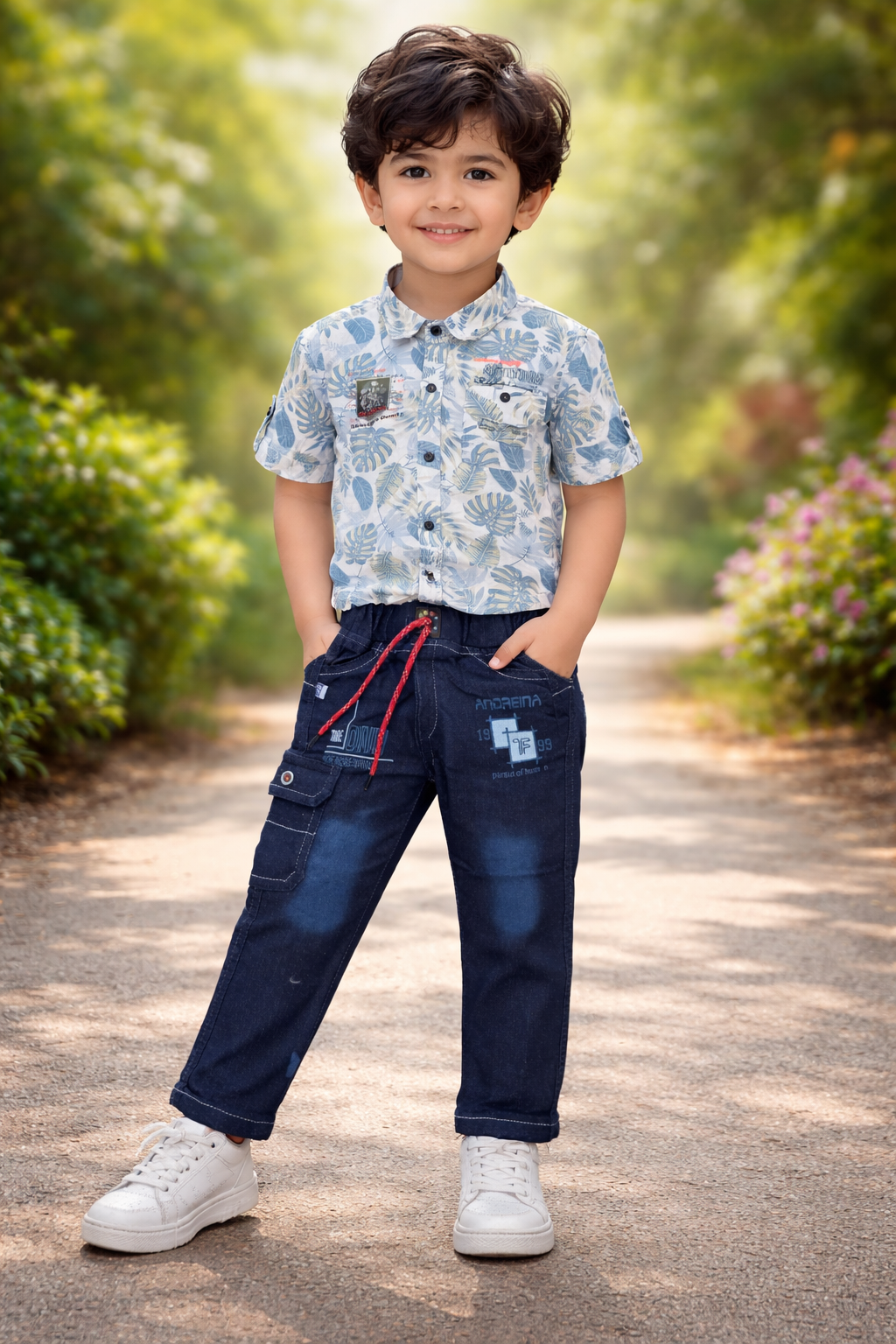Tropical Leaf Print Shirt & Denim Cargo Pants Set for Boys (2-Piece Outfit)