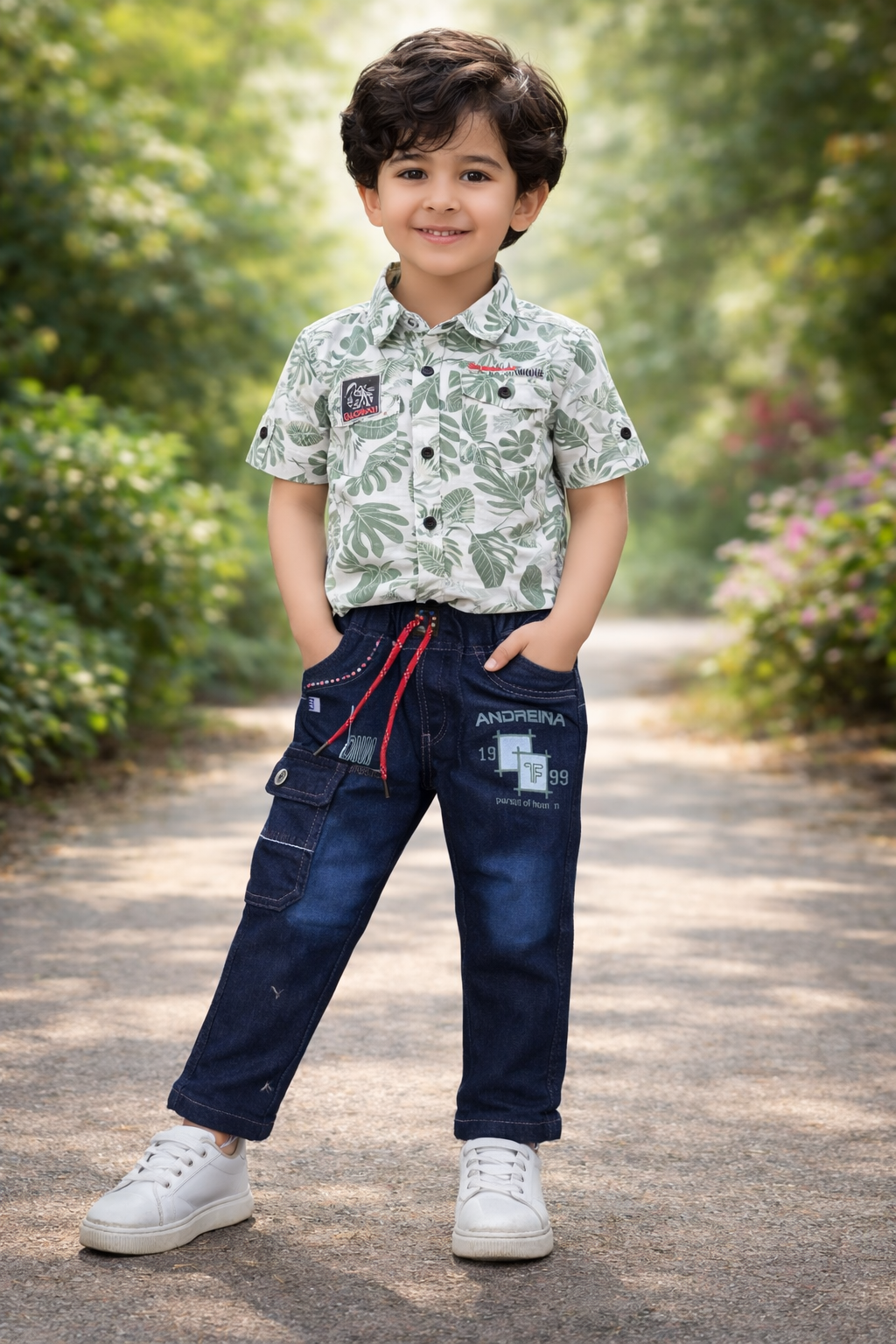 Tropical Leaf Print Shirt & Denim Cargo Pants Set for Boys (2-Piece Outfit) Set 2