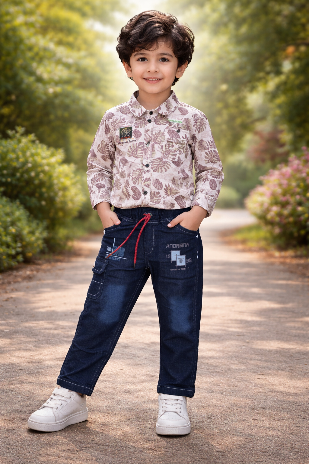 Tropical Leaf Print Shirt & Denim Cargo Pants Set for Boys (2-Piece Outfit) Set 3