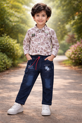 Tropical Leaf Print Shirt & Denim Cargo Pants Set for Boys (2-Piece Outfit) Set 3