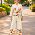 Girls Ivory Orange Floral Shirt & Wide-Leg Pants Co-ord Set