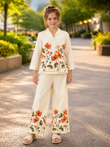 Girls Ivory Orange Floral Shirt & Wide-Leg Pants Co-ord Set