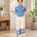 Girls Blue Floral Puff-Sleeve Shirt & White Wide-Leg Pants Set