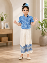 Girls Blue Floral Puff-Sleeve Shirt & White Wide-Leg Pants Set