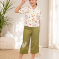 Girls Floral Print Shirt & Olive Green Wide-Leg Culottes Set