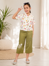 Girls Floral Print Shirt & Olive Green Wide-Leg Culottes Set