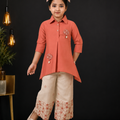 Girls Coral Tunic & Beige Floral Wide-Leg Pants Set