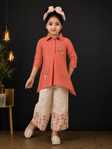 Girls Coral Tunic & Beige Floral Wide-Leg Pants Set