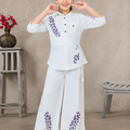 Girls White Floral Embroidered Shirt & Wide-Leg Pants Set
