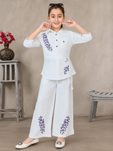 Girls White Floral Embroidered Shirt & Wide-Leg Pants Set