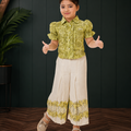 Girls Olive Floral Puff-Sleeve Shirt & Ivory Wide-Leg Pants Set