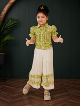 Girls Olive Floral Puff-Sleeve Shirt & Ivory Wide-Leg Pants Set