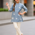 Girls Denim Blue Embroidered Tunic & Ivory Pants Set