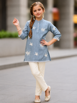Girls Denim Blue Embroidered Tunic & Ivory Pants Set