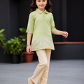 Girls Sage Green Embroidered Tunic & Beige Pants Set