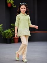 Girls Sage Green Embroidered Tunic & Beige Pants Set