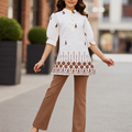 Girls White Embroidered Tunic & Brown Flared Pants Set