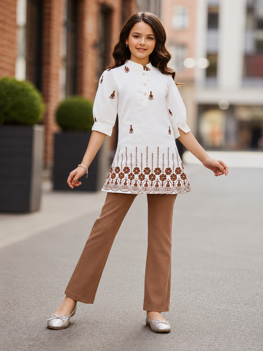 Girls White Embroidered Tunic & Brown Flared Pants Set