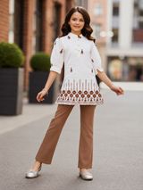 Girls White Embroidered Tunic & Brown Flared Pants Set