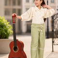 Girls Ivory Ruffle Blouse & Sage Green Wide-Leg Pants Set