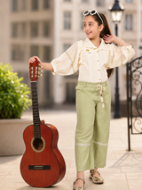 Girls Ivory Ruffle Blouse & Sage Green Wide-Leg Pants Set