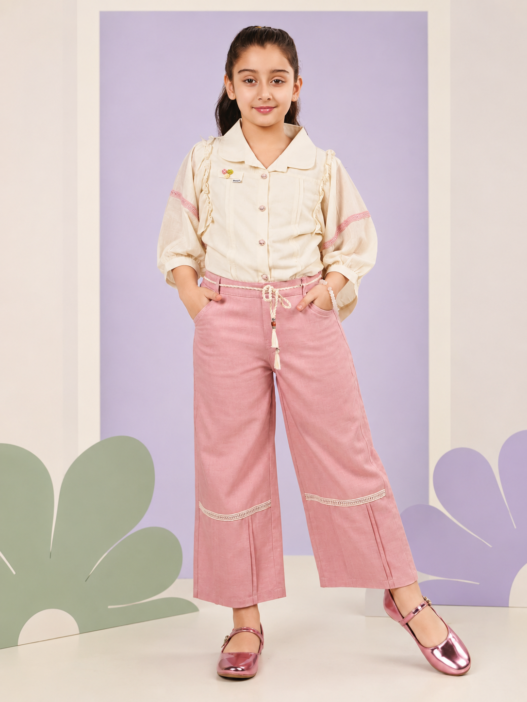 Girls Ivory Ruffle Blouse & Pink Wide-Leg Pants Set
