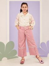 Girls Ivory Ruffle Blouse & Pink Wide-Leg Pants Set