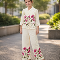 Girls Ivory Floral Blazer & Wide-Leg Pants Co-ord Set