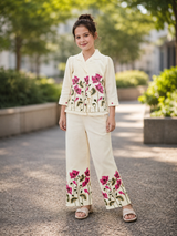 Girls Ivory Floral Blazer & Wide-Leg Pants Co-ord Set